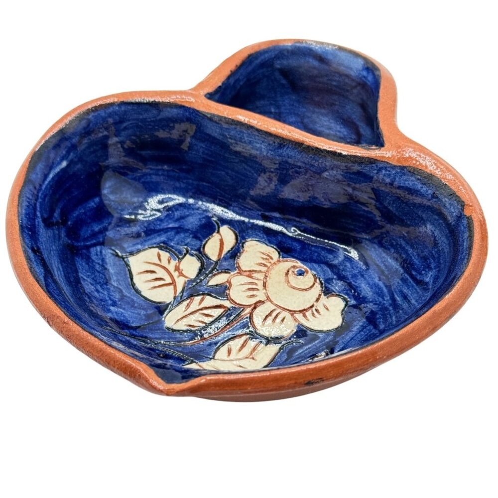 Portuguese Pottery Clay Terracotta Mini Blue Floral Olive Dish Hand-painted